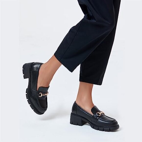 Chunky Platform Loafers Mid Heel Square Toe Lug Sole Dress Walking Shoes main image 1
